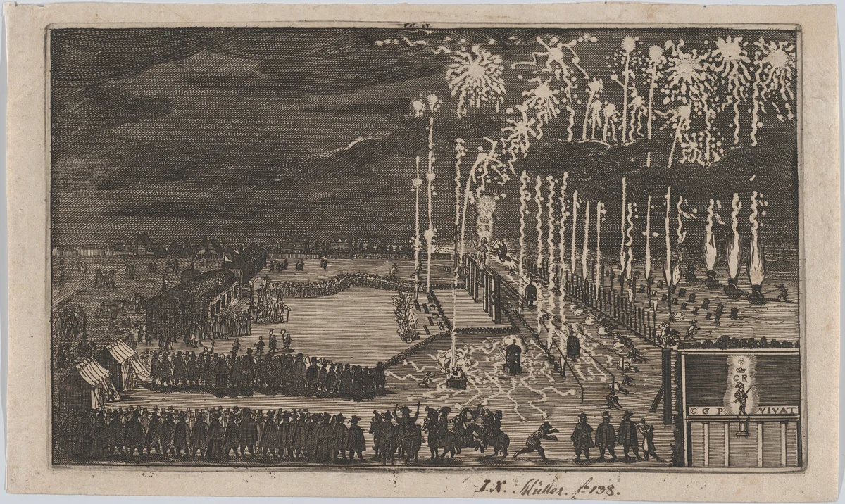 Firework display, Nuremberg 1649, reduced copy of 'Kurze Beschreibung dess kunstlichen Feuerwerkes ...' by anonymous, print, 1649-1700