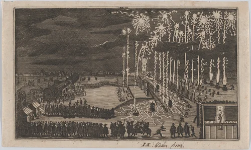 Firework display, Nuremberg 1649, reduced copy of 'Kurze Beschreibung dess kunstlichen Feuerwerkes ...' by anonymous, print, 1649-1700