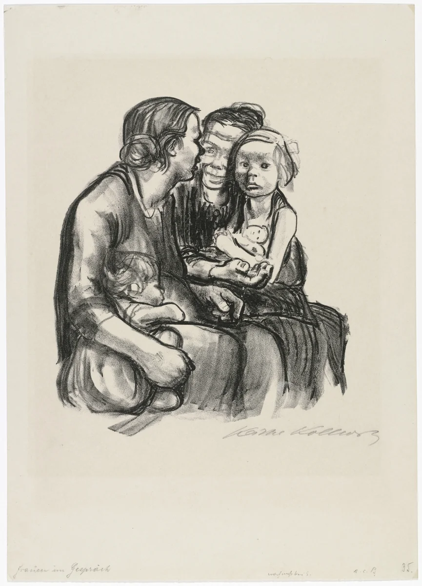 Two Chatting Women with Two Children (Zwei schwatzende Frauen mit zwei Kindern) by Käthe Kollwitz, print, 1930