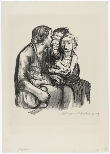 Two Chatting Women with Two Children (Zwei schwatzende Frauen mit zwei Kindern) by Käthe Kollwitz, print, 1930