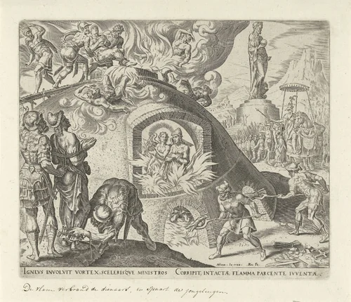 Sadrach, Mesach en Abednego worden in het vuur gegooid by Unknown, print, 1565