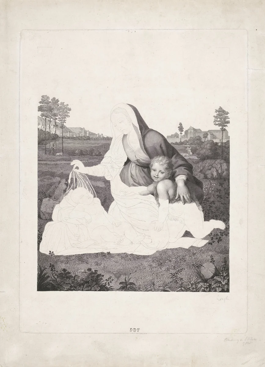 Maria met Kind en de jonge Johannes de Doper in een landschap by Giuseppe Longhi, print, 1776-1831