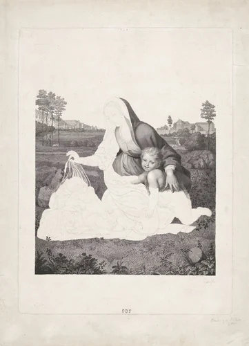Maria met Kind en de jonge Johannes de Doper in een landschap by Giuseppe Longhi, print, 1776-1831