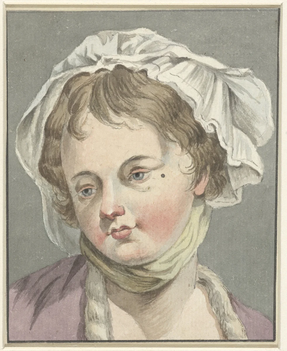 Hoofd van een meisje met muts by anonymous, drawing, 1745-1850