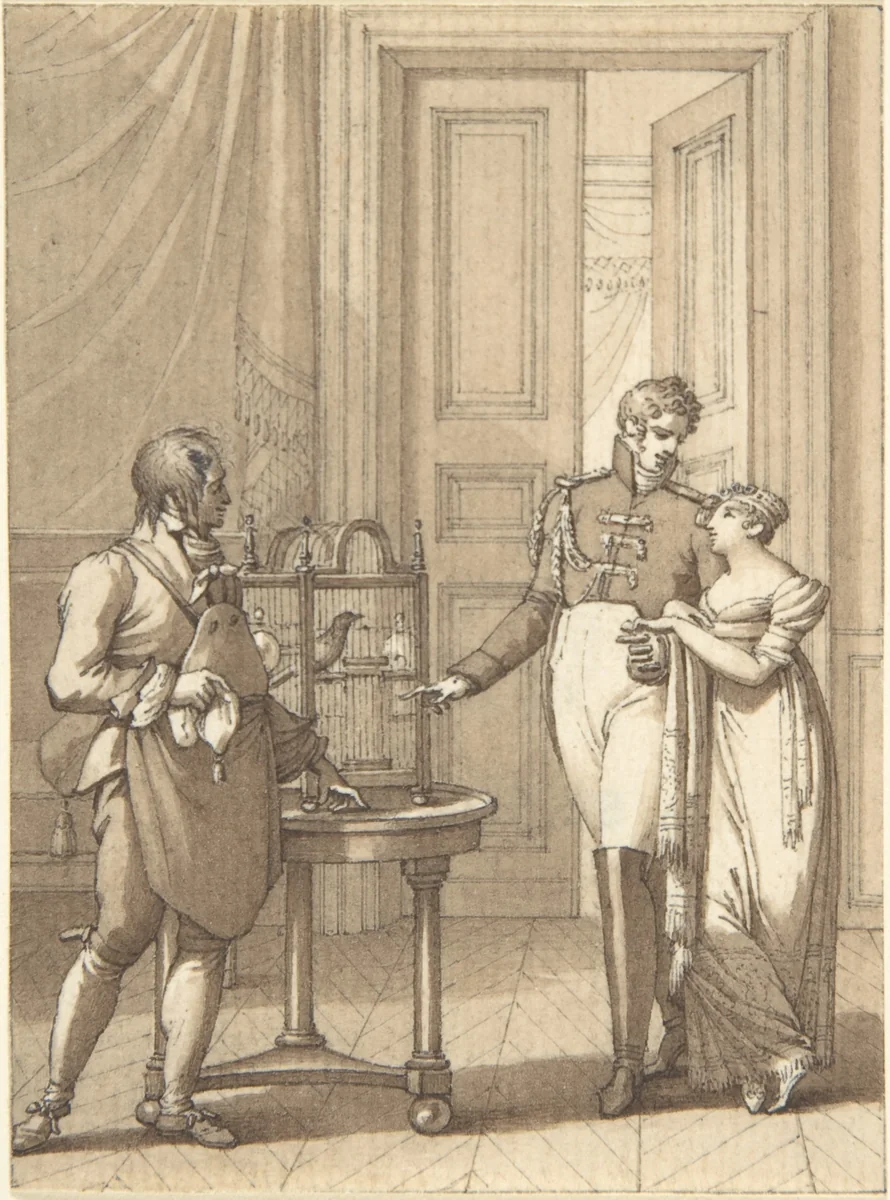 Design for a Book Illustration: an Amorous Couple Beside Birds in a Cage by anonymous, drawing, 1800-1900
