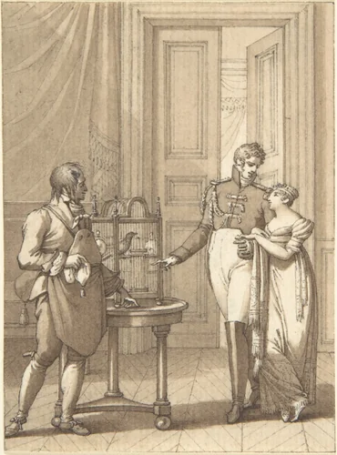 Design for a Book Illustration: an Amorous Couple Beside Birds in a Cage by anonymous, drawing, 1800-1900