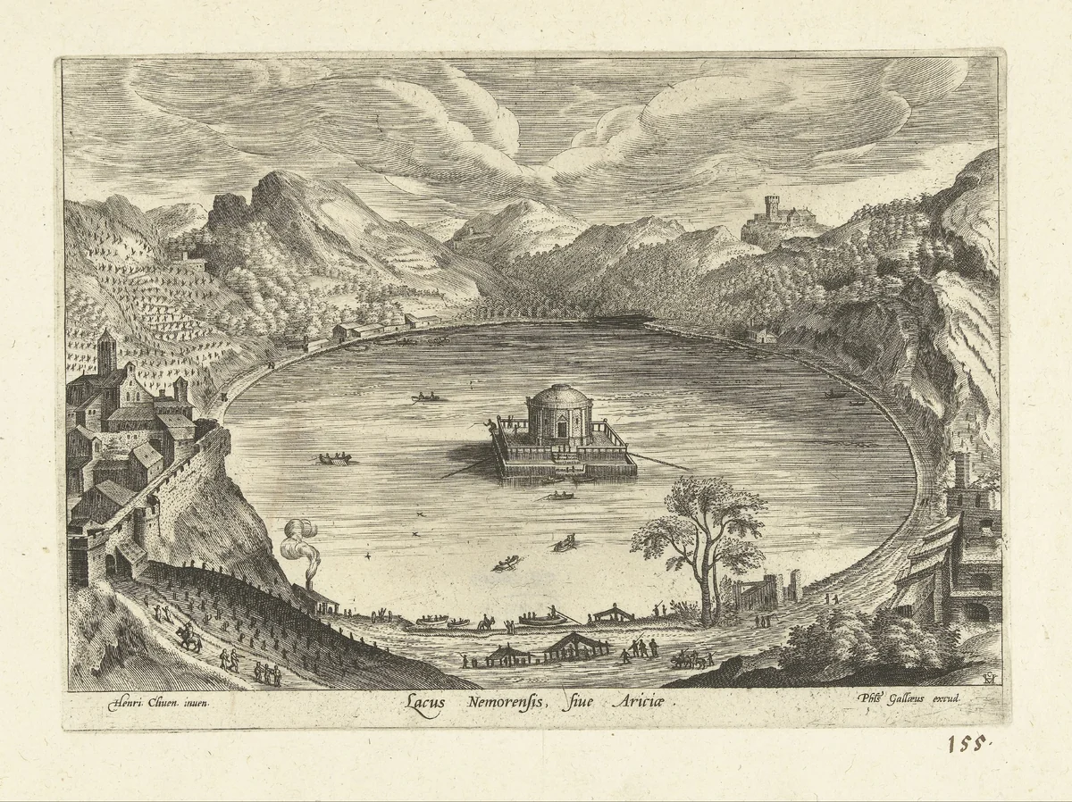 Gezicht op het meer van Nemi by anonymous, print, 1585