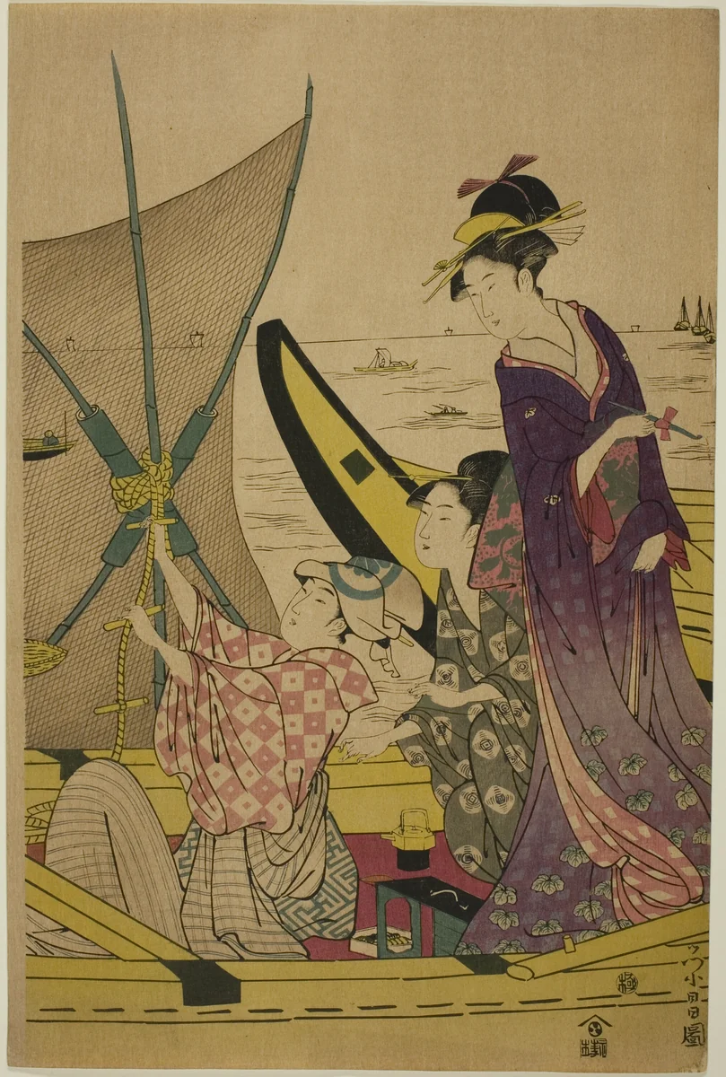 Women on a Fishing Boat by Chokosai Eisho, print, 1775-1805