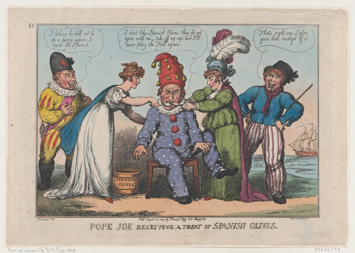 Pope Joe Receiving a Treat of Spanish Olives by Thomas Rowlandson, print, 1808