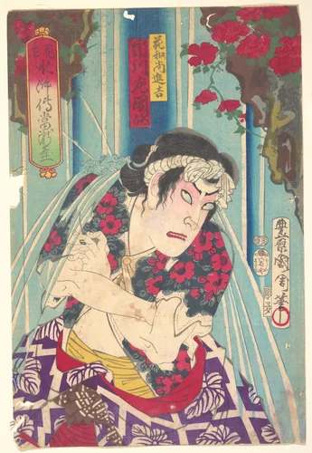 Imaginary portrait, Shuihuzhuan of Stage: Tōryūdai (Mitate Suikoden Tōrōdai) - Actor Ichikawa Sadanji plays Hanaoshō Shinkichi by Toyohara Kunichika, print, 1875