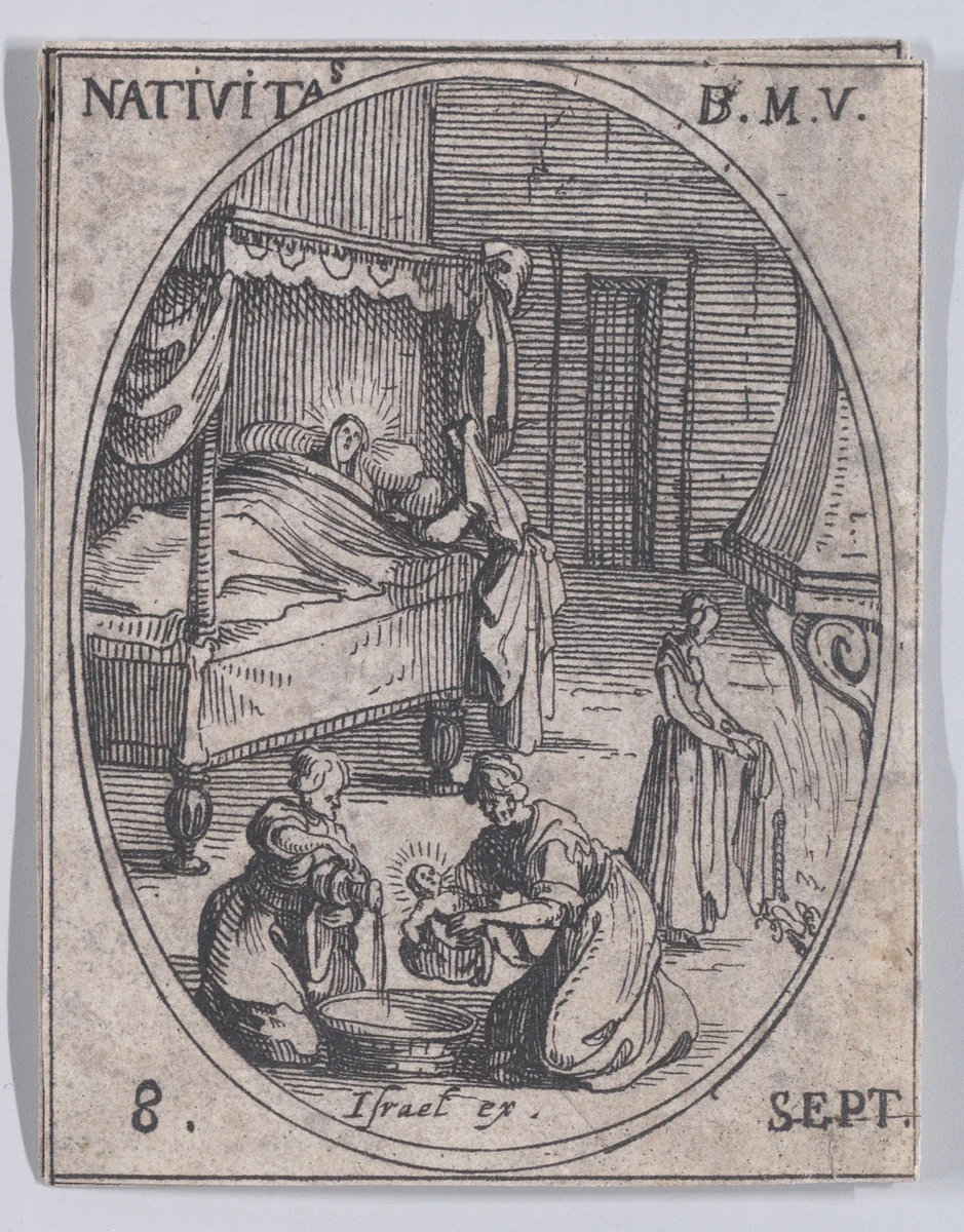 La Nativité de la Sainte Vierge (The Birth of the Virgin), September 8th, from "Les Images De Tous Les Saincts et Saintes de L'Année" (Images of All of the Saints and Religious Events of the Year) by Jacques Callot, print, 1636