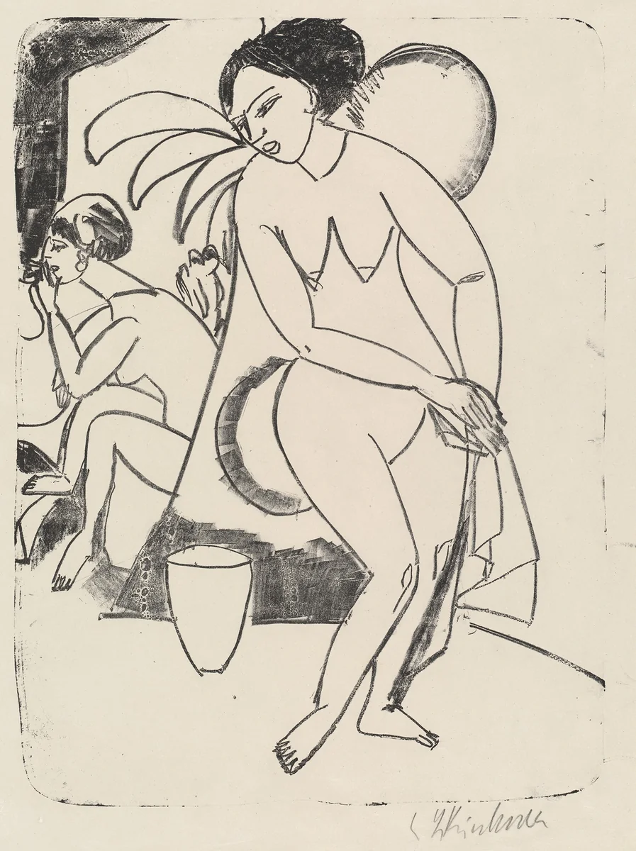 Naked Girls in the Studio (Nackte Mädchen im Atelier) by Ernst Ludwig Kirchner, print, 1911
