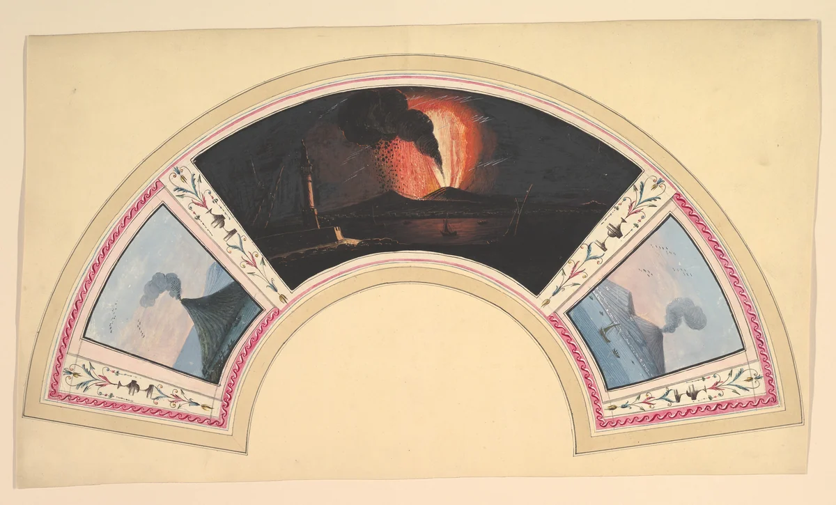 Hand-painted Fan with Three Views of Mount Vesuvius by anonymous, drawing, 1765-1775