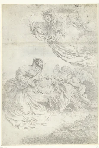 Maria met het Christuskind en drie engelen by Giovanni Benedetto Castiglione, print, 1650-1655