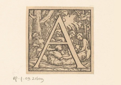 Letter A: kinderen rond een liggende vrouw by anonymous, print, 1543