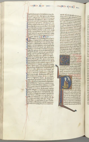 Fol. 440v, Corinthians I, historiated initial P, Paul kneeling talking to the bust of God above by Unknown, book, 1270-1300