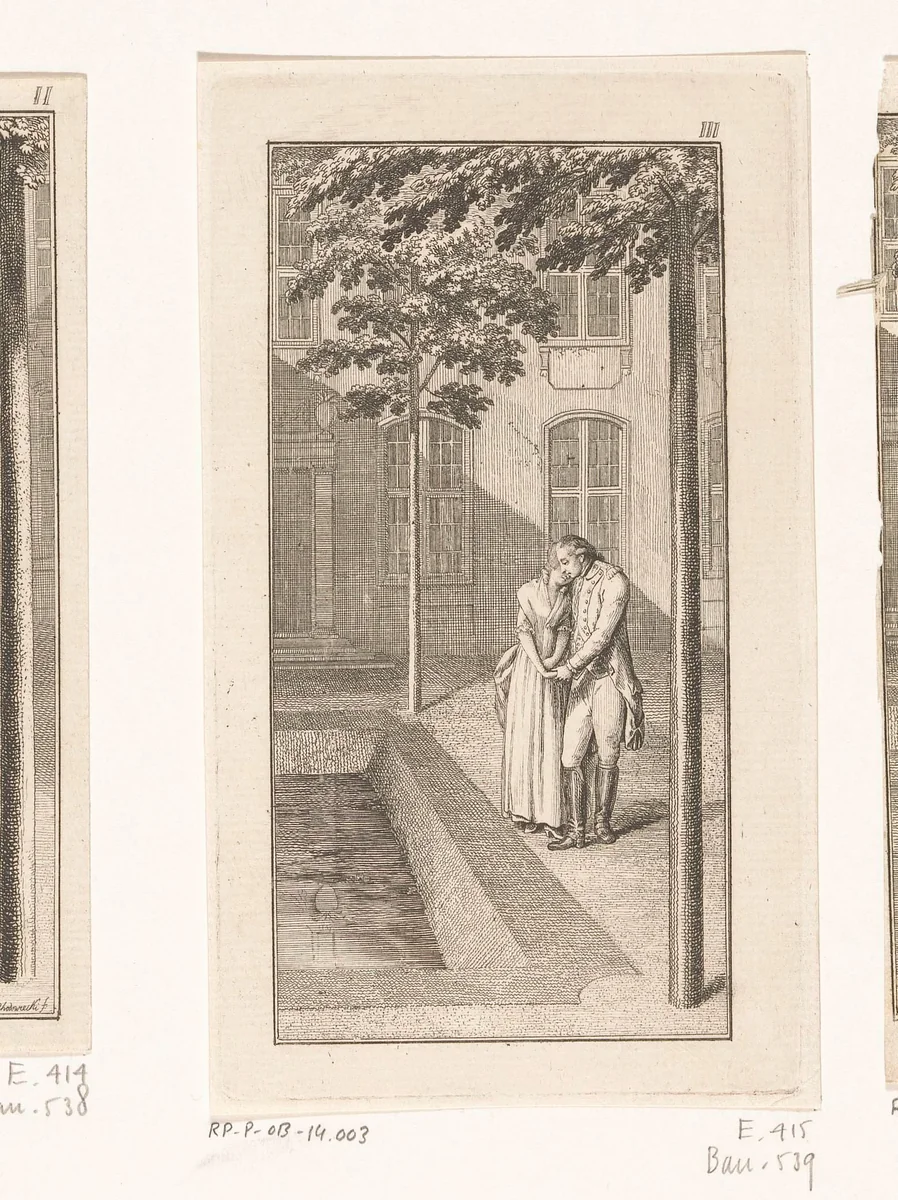 Alexander en Tinchen naast een vijver op een binnenplaats by Daniel Nikolaus Chodowiecki, print, 1781