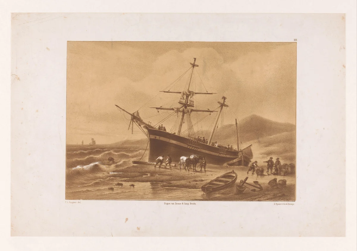 Schip op strand by anonymous, print, 1831-1853