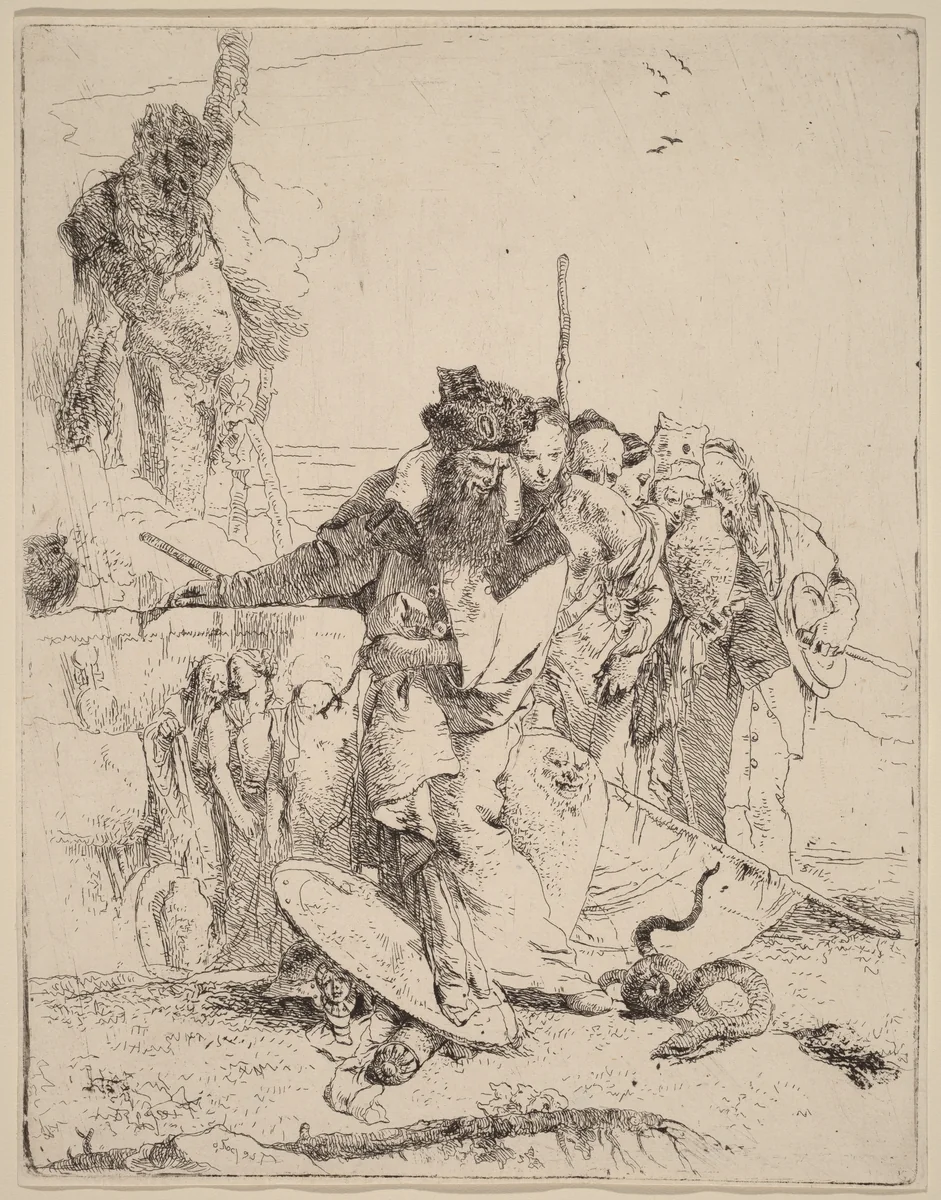 Magician and Others Regarding a Serpent by Giovanni Battista Tiepolo, print, 1696-1770