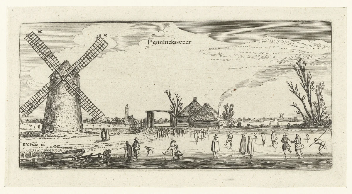 Schaatsers op het ijs bij een molen in de buurt van Penningsveer by anonymous, print, 1615-1652