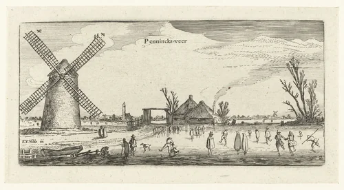 Schaatsers op het ijs bij een molen in de buurt van Penningsveer by anonymous, print, 1615-1652