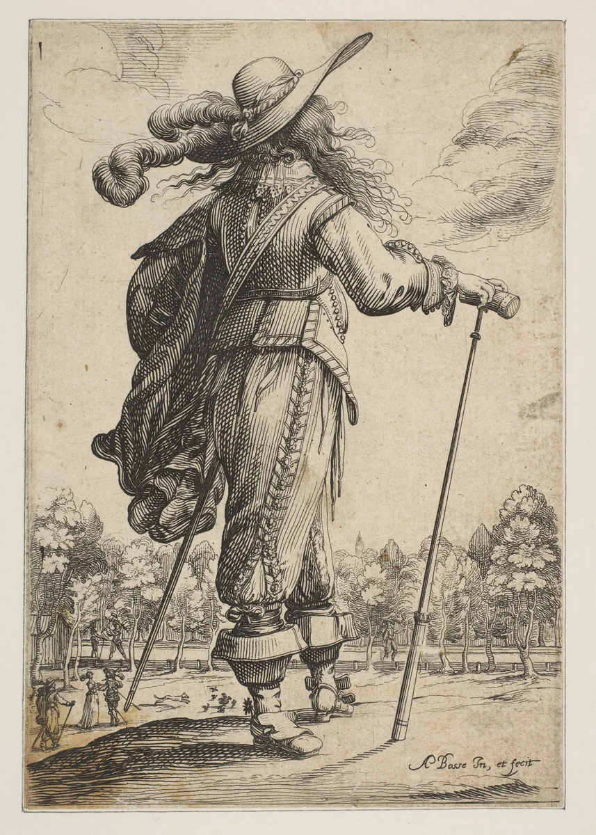 A Man Seen from the Back Leaning on a Croquet Mallet (Le Jouer de mail) by Abraham Bosse, print, 1629