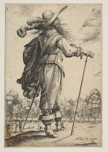 A Man Seen from the Back Leaning on a Croquet Mallet (Le Jouer de mail) by Abraham Bosse, print, 1629