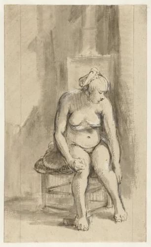 Nude Woman Seated by a Stove by Rembrandt van Rijn, drawing, 1661-1662