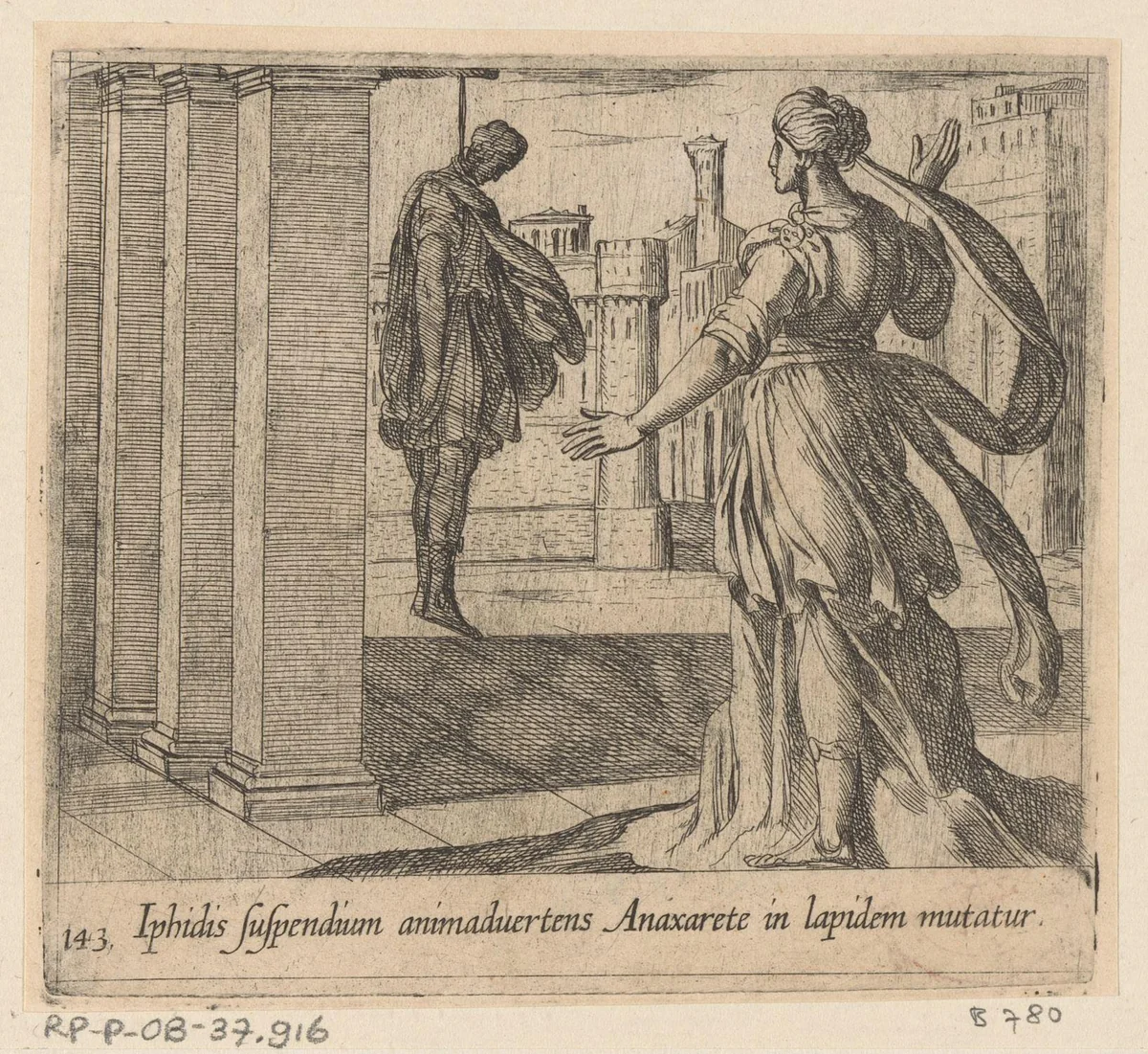 Anaxarete ziet de dode Iphis by Antonio Tempesta, print, 1606