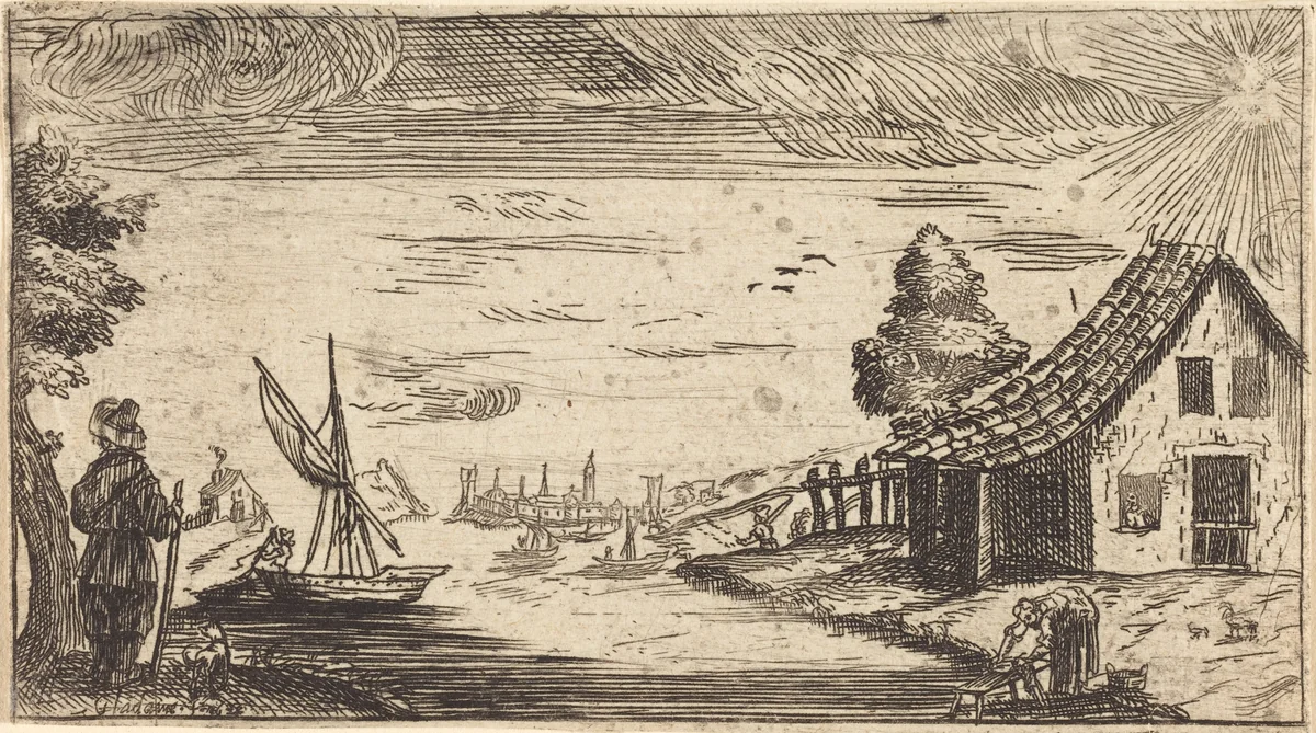 Landscape with Figure and Boat by Jacques Callot, print, 1600-1699