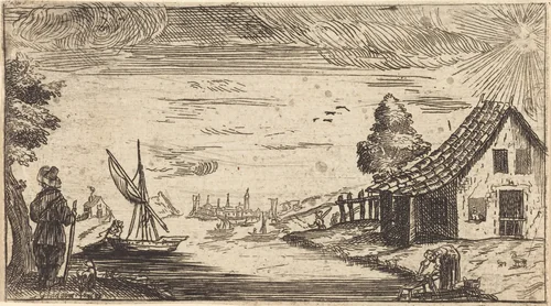 Landscape with Figure and Boat by Jacques Callot, print, 1600-1699