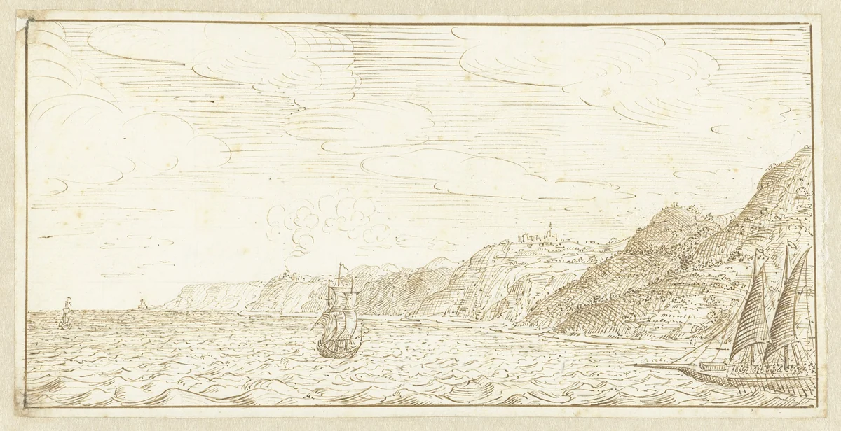 Enkele schepen voor de kust gelegen by Johan Teyler, drawing, 1679-1683