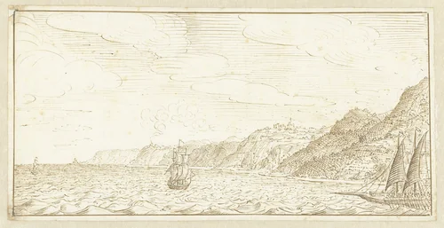 Enkele schepen voor de kust gelegen by Johan Teyler, drawing, 1679-1683