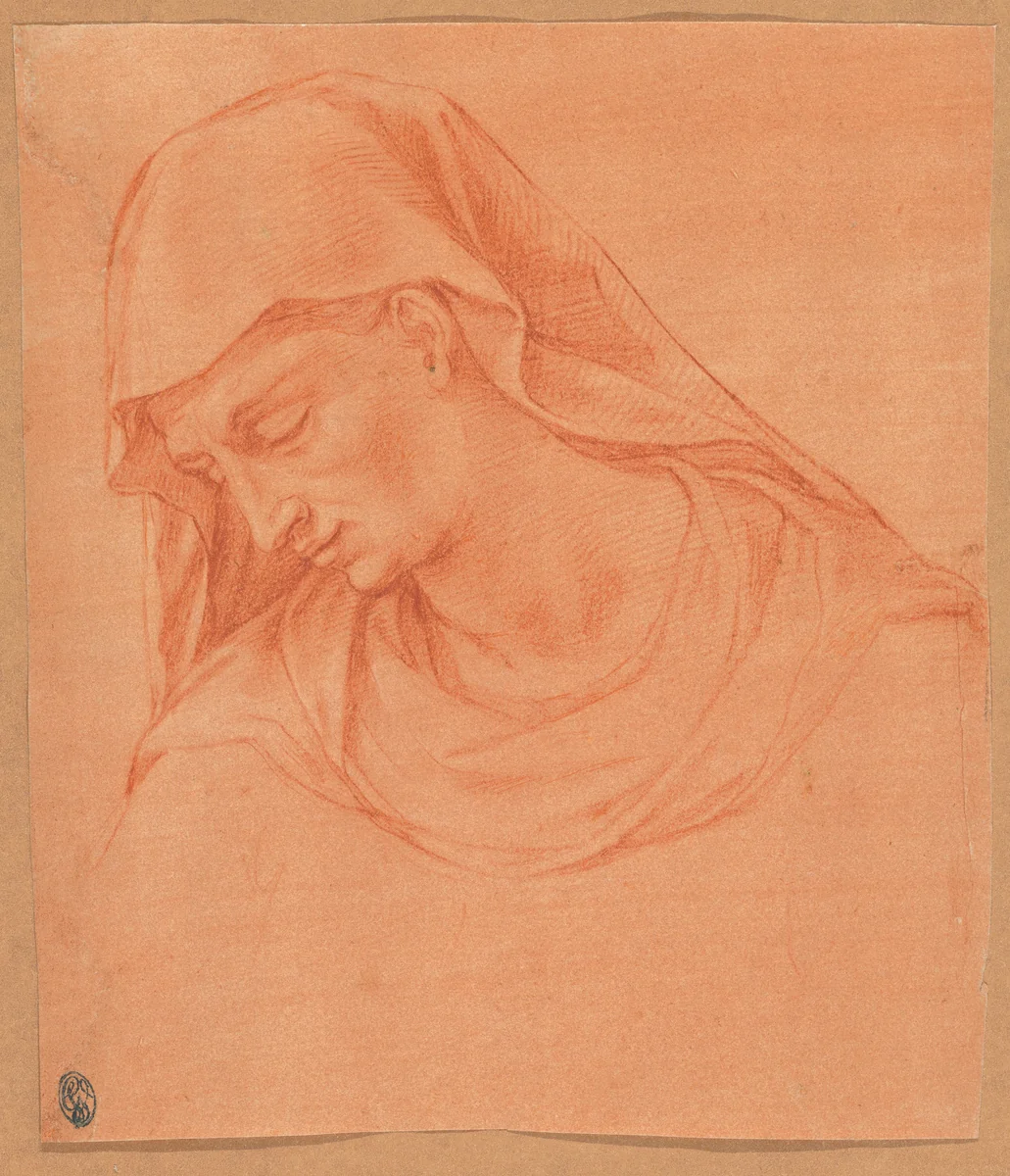 Head of a Mourning Woman in Profile to the Left by Girolamo Macchietti, drawing, 1570-1585