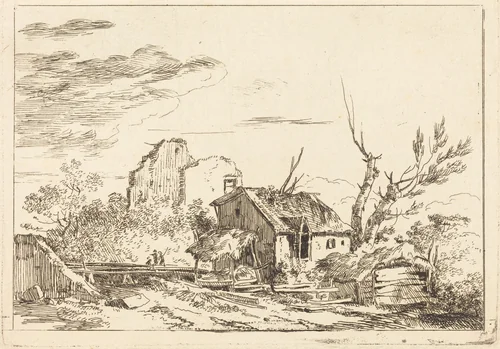 Hovel at the Bridge by Louis Gabriel Moreau, print, 1740-1806