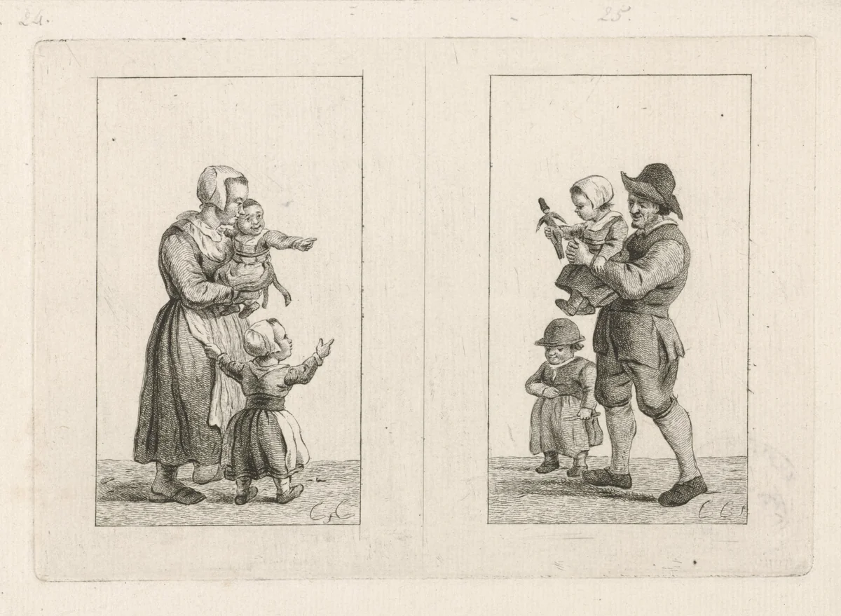 Twee voorstellingen van een ouder met twee kinderen by Pieter de Mare, print, 1779