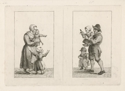 Twee voorstellingen van een ouder met twee kinderen by Pieter de Mare, print, 1779