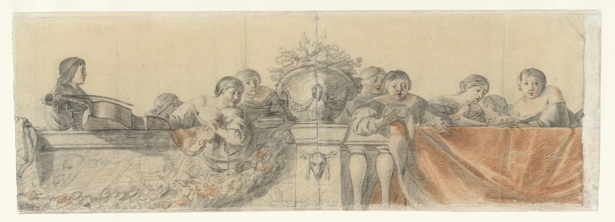 Personen op een balustrade met festoenen by Cornelis Holsteyn, drawing, 1633-1638