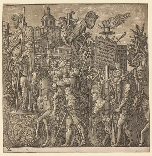 The Triumph of Julius Caesar: Colossal Statues and Siege Equipment by Andrea Andreani, print, 1593-1599