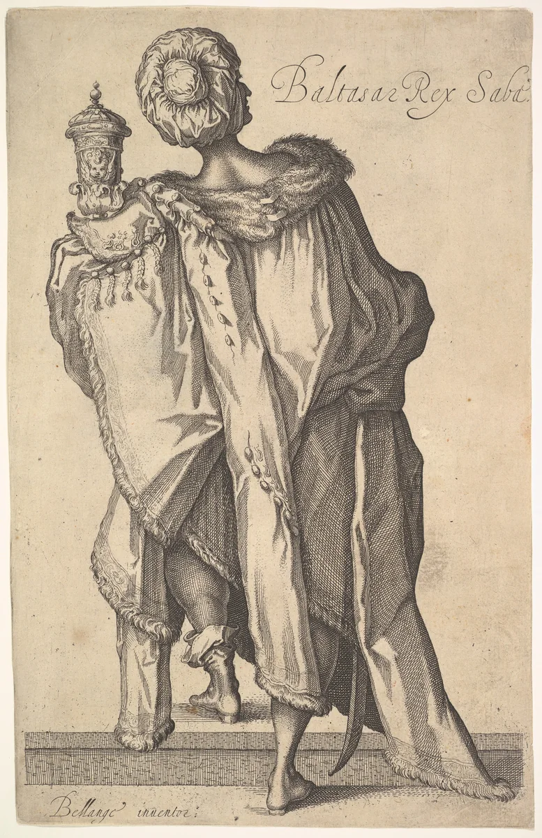 Balthasar, after figure in "The Adoration of the Magi" by Jacques Bellange by Matthäus Merian, print, 1610-1650