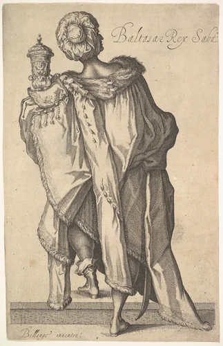 Balthasar, after figure in "The Adoration of the Magi" by Jacques Bellange by Matthäus Merian, print, 1610-1650