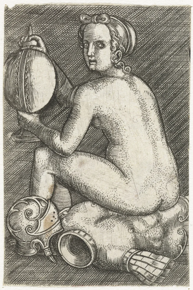 Naakte vrouw zittend op wapenrusting by anonymous, print, 1512-1590