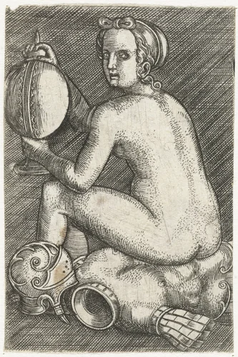 Naakte vrouw zittend op wapenrusting by anonymous, print, 1512-1590