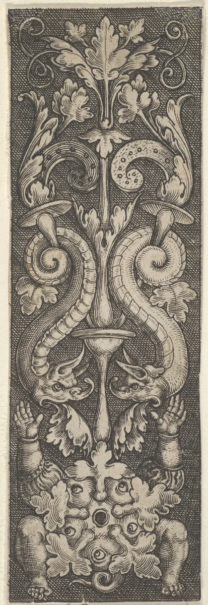 Vertical Panel with a Candelabrum Stemming from a Leaf-Faced Grostesque at Bottom by Allaert Claesz, print, 1515-1560