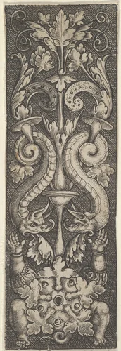 Vertical Panel with a Candelabrum Stemming from a Leaf-Faced Grostesque at Bottom by Allaert Claesz, print, 1515-1560