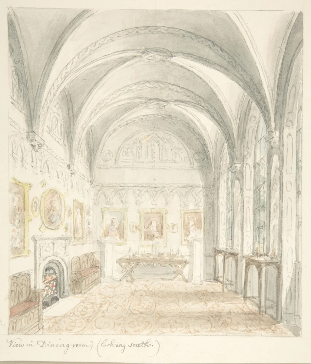 Lea Castle, Worcestershire, Dining Room Looking South by John Carter, drawing, 1811-1821
