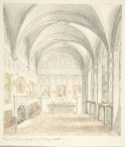 Lea Castle, Worcestershire, Dining Room Looking South by John Carter, drawing, 1811-1821
