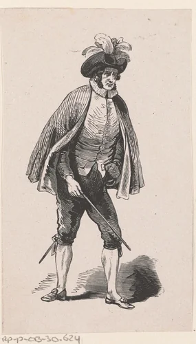 Staande man met een stok in zijn hand by Isaac Weissenbruch, print, 1836-1912