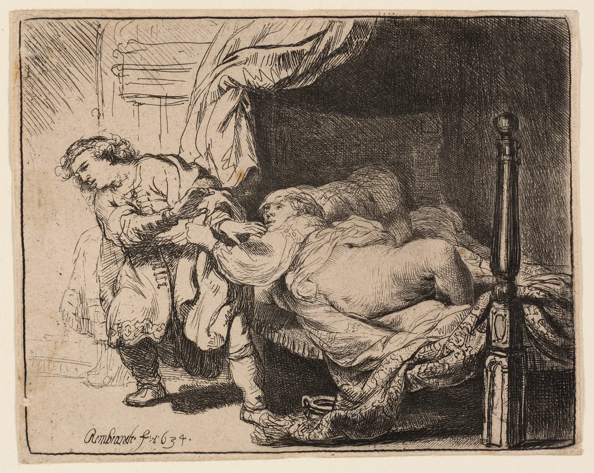 Joseph and Potiphar's Wife by Rembrandt van Rijn, print, 1634
