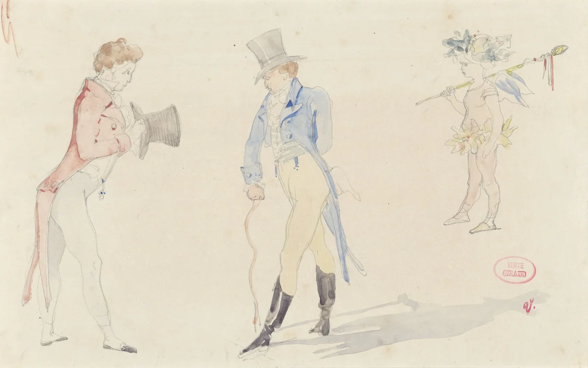 Licht schetsblad met twee elkaar ontmoetende dandies en een ballet-amour by Pierre François Eugène Giraud, drawing, 1816-1881